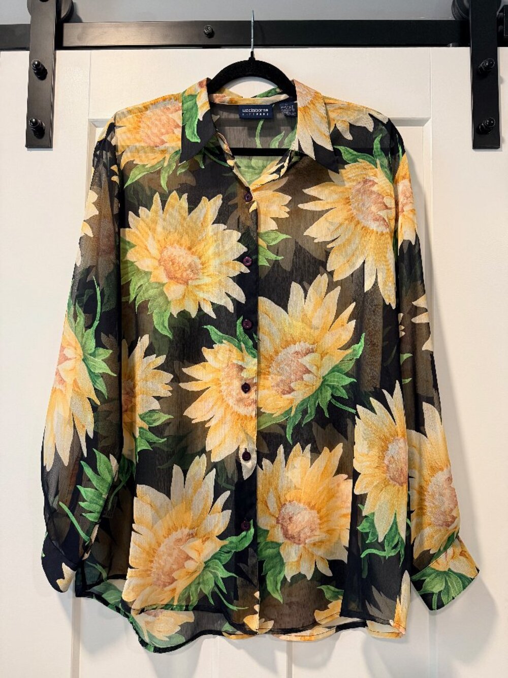 Liz Claiborne LizSport Sheer Sunflower Button-Front Blouse Ladies Size Large